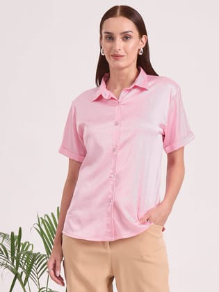 Women's Short Sleeve European Satin Shirt-M