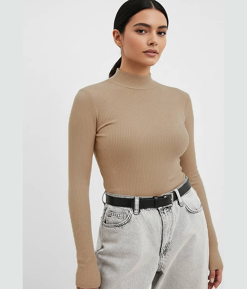 clafoutis Women Polyester Solid Slim Fit High Neck T-Shirt ( Brown )