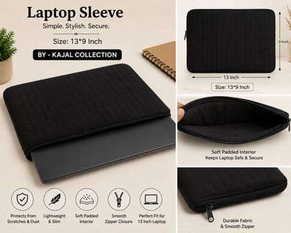 Black Laptop Sleeve Cover | 13×9 Inch Protective Laptop Bag by Kajal Collection