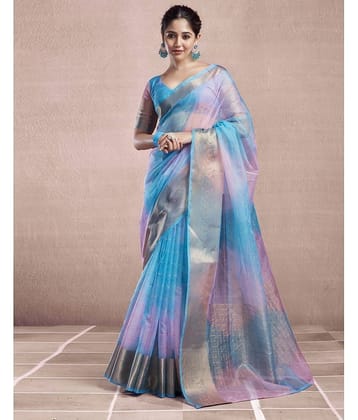 Satrani Organza Woven Saree With Unstitched Blouse Piece ( Magenta )