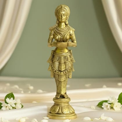 Sukh Sehaj Deeplakshmi Brass Murti, Handcrafted, Antique Yellow Finish, 14.0 Inch, for Home Temple, Decor, Pooja Ritual and Gifting