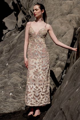STATEMENT CHAMPAGNE SEQUIN EMBROIDERED GOWN-XS / Champagne