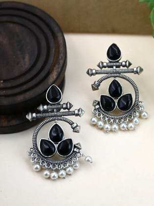 Antique Silver Look-Alike Earrings with Elegant Pearl Drops | Sarichka-Black