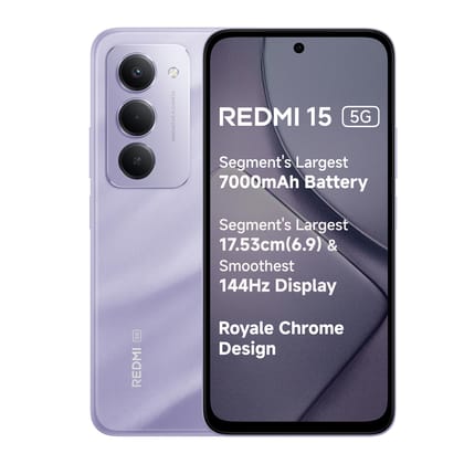 Redmi 15 5G Sandy Purple 8GB + 256GB | Segment's Largest 7000mAhA Battery | Segment's Largest Display 17.53cm(6.9) Up to 144Hz | Snapdragon 6s Gen 3 | 18W Reverse Charging | 50MP AI Dual Camera
