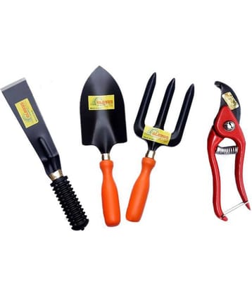 GLOBUS 109 Garden Tool Set /4 PCS (RED..Big Trowel, Weeder Fork, KHURPA 2", 8" Pruner Metal, RED)
