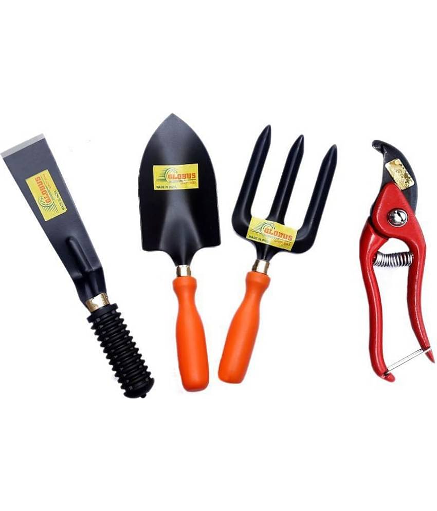GLOBUS 109 Garden Tool Set /4 PCS (RED..Big Trowel, Weeder Fork, KHURPA 2", 8" Pruner Metal, RED)