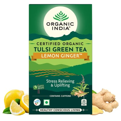 A TATA Product - Organic India Tulsi Green Tea Lemon Ginger - 25 Tea Bags, Herbal Blend with Green Tea, Tulsi, Lemon & Ginger, Supports Digestion, Refreshing Taste, Natural Ingredients Certified Organic
