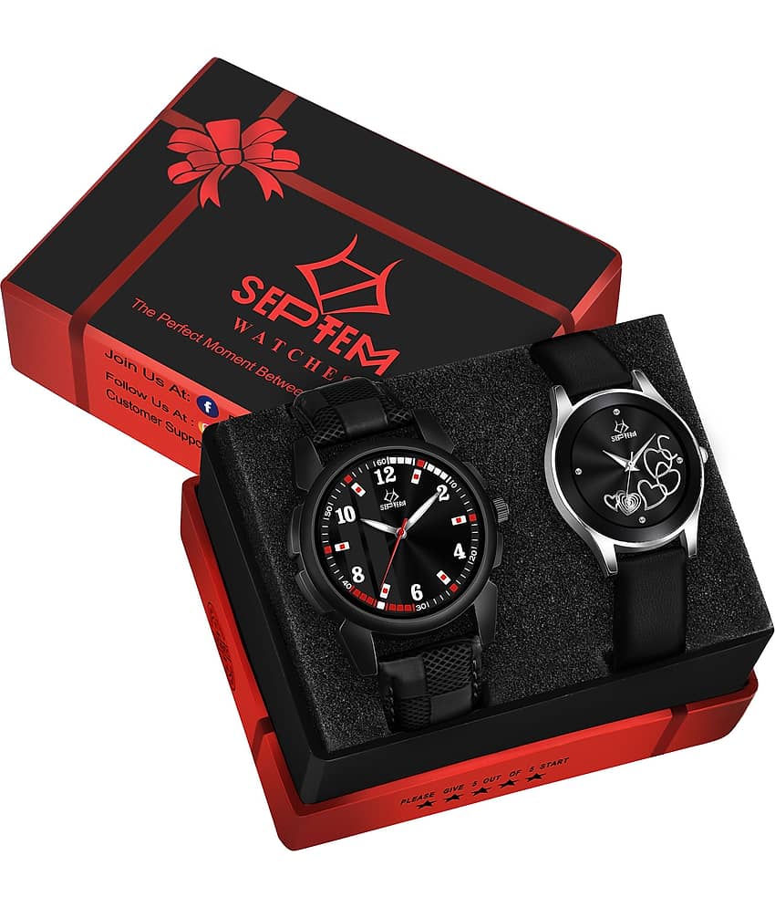 Septem Black Leather Analog Womens Watch