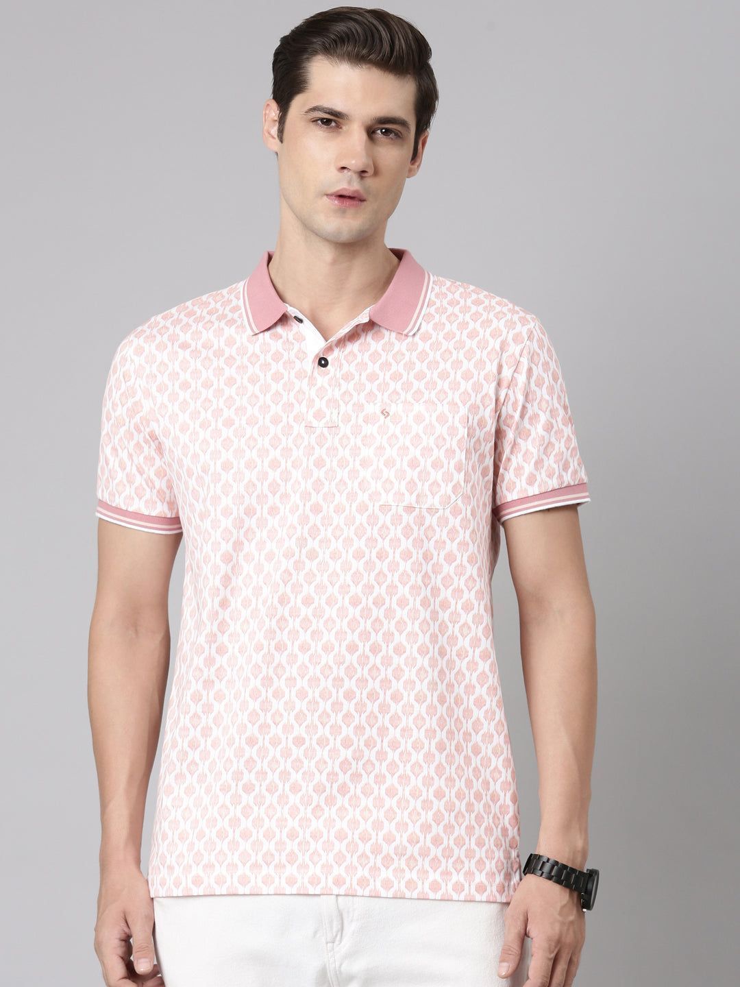 Classic Polo Men's Polo Neck Cotton White/Lt.Pink Slim Fit Printed T-Shirt | BELLO-287 B SF P