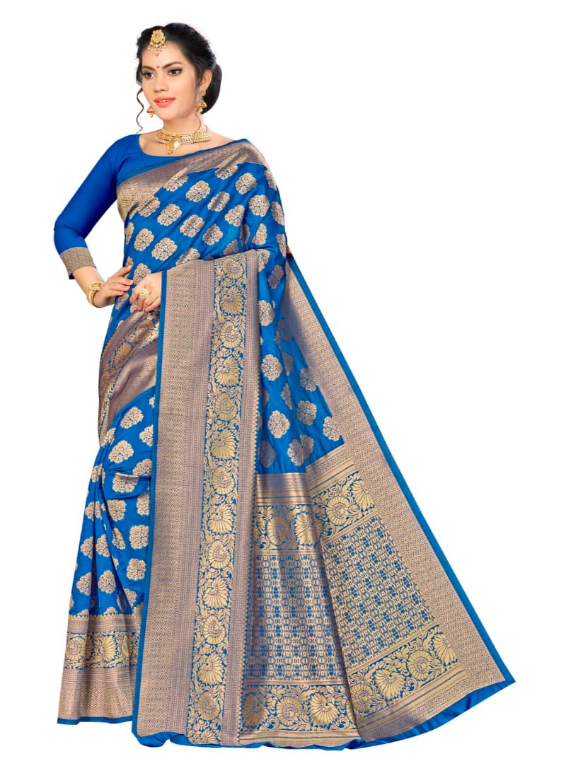 Generic Women's Banarasi Silk Saree with Blouse (Blue, 5-6 Mtr)