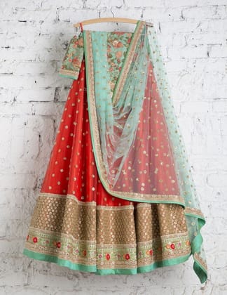 Designer Orange Color Embroidered Semi-stitched Weding Lehenga Choli