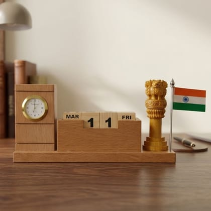 Indian Heritage Ashoka Lion Symbol Wooden Pen Stand with Clock