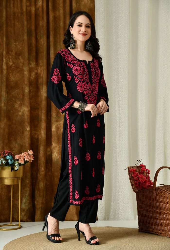 Black Kurta with Intricate Chikankari Work - Pink