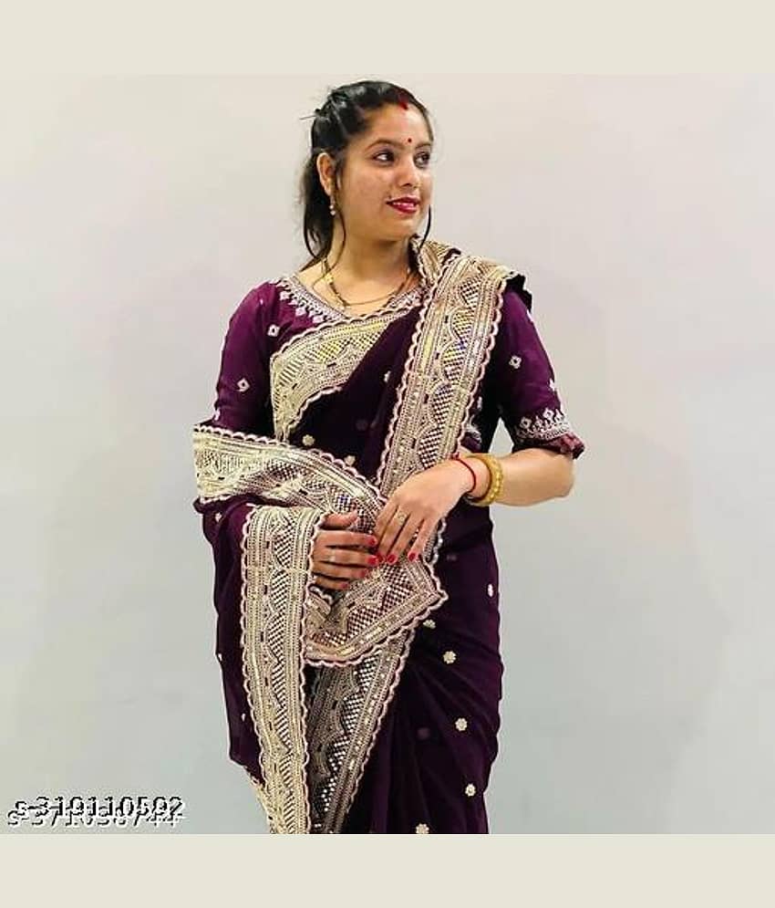Shivadit ethnic Georgette Embroidered Saree With Unstitched Blouse Piece ( Purple )