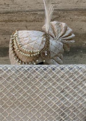 Cream Net Chicken Work Safa Dupatta Set