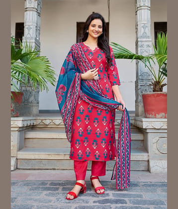 VIBE VISION Cotton Blend Printed Kurti With Pants Women's Stitched Salwar Suit - Red ( Pack of 1 )