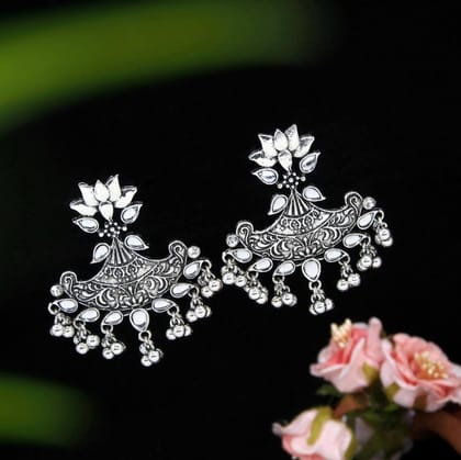 Antique Gold Plated Stone Studded with golden beads Lotus Design Earring- AER 3203