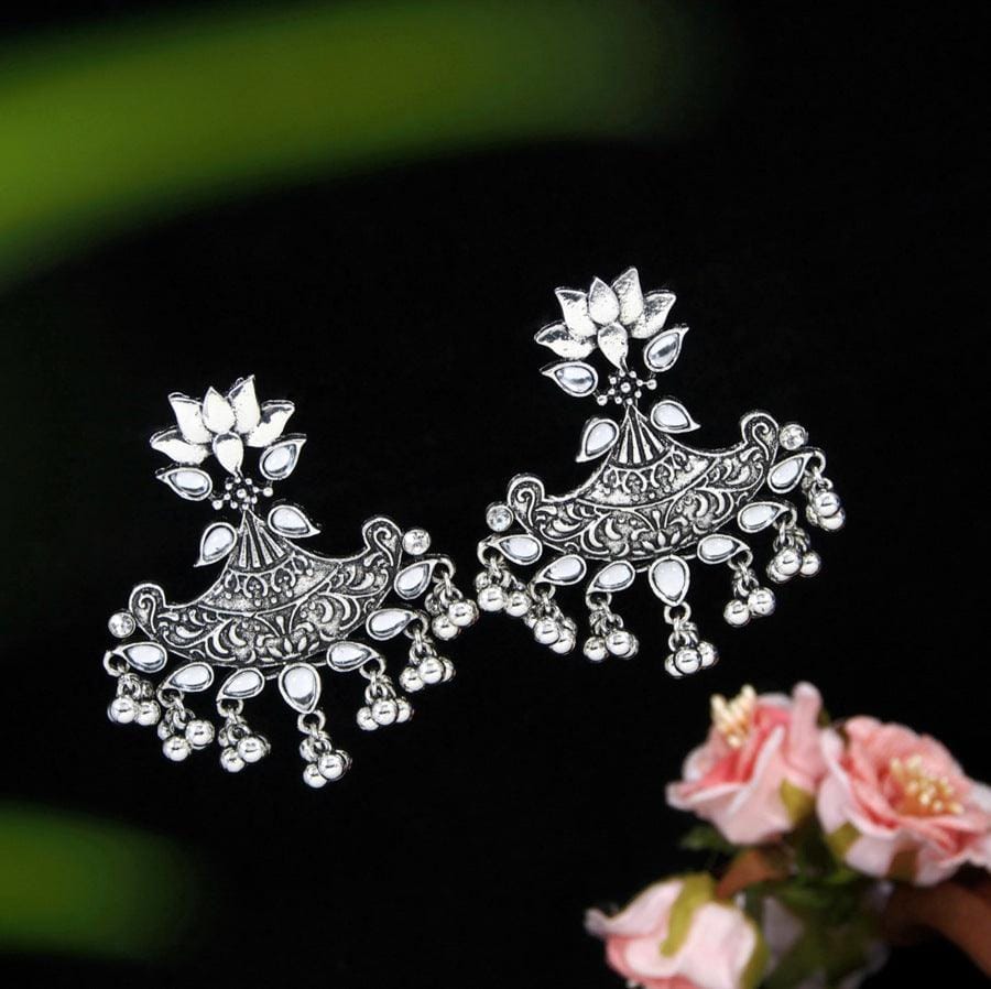 Antique Gold Plated Stone Studded with golden beads Lotus Design Earring- AER 3203
