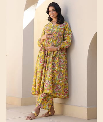 Janasya Yellow Cotton Maternity Kurta Suit Set Single