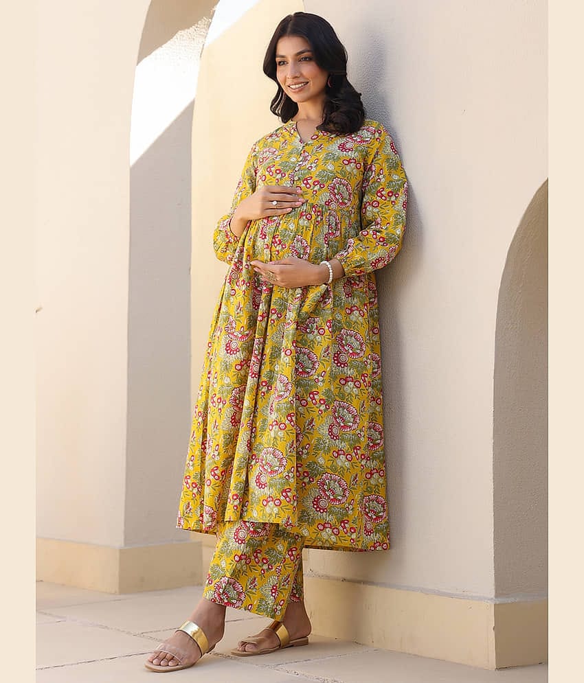 Janasya Yellow Cotton Maternity Kurta Suit Set Single