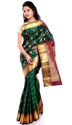 Indian Wedding Saree | Dark Green Pure Silk and Pure Zari Kanjivaram Saree | Peacock + Chakra Motifs