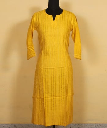 Yellow hand embroidered silk kurta