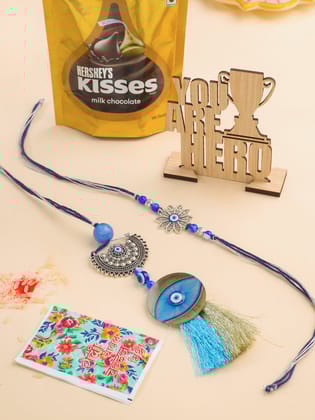NVR Set of 2 Blue Evil Eye Artificial Beads Bhaiya Bhabhi Rakhi Combo-One Size / Blue
