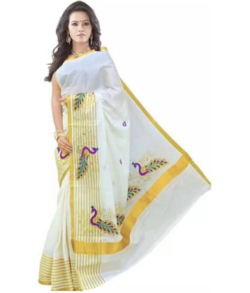 RSV FABRICS Kerela Cotton Saree With Unstitched Blouse Piece ( Grey,Beige )