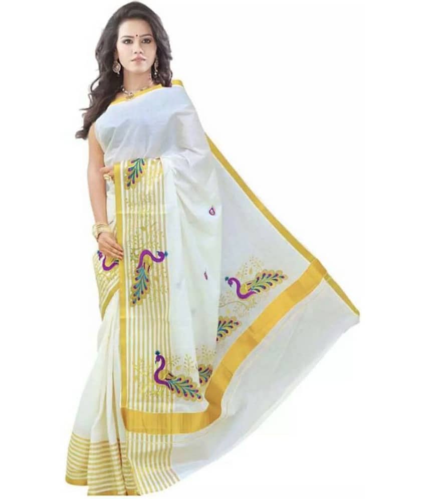 RSV FABRICS Kerela Cotton Saree With Unstitched Blouse Piece ( Grey,Beige )