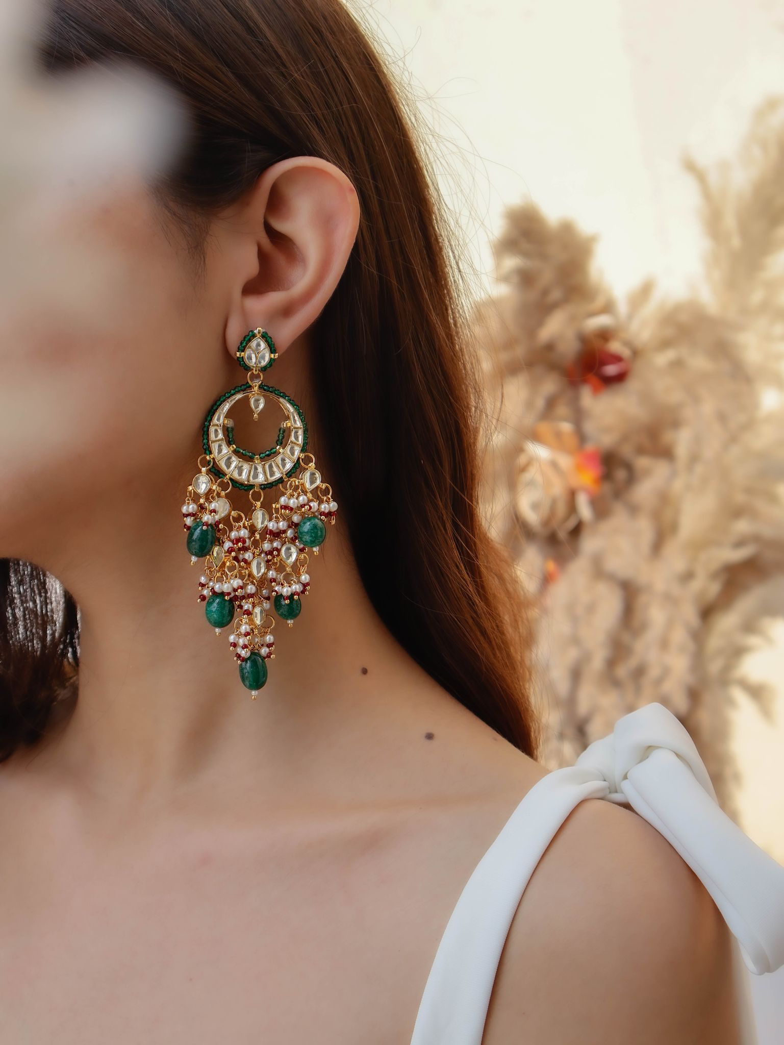 Vedika Green Kundan Chandbali Earrings-Green