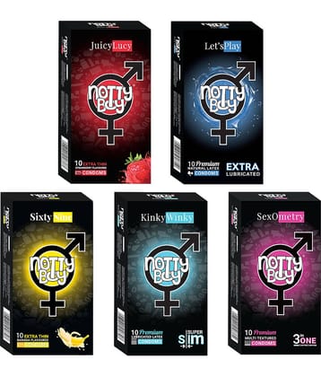 NottyBoy Family Combo Pack 3 IN 1, Ribbed, Extra Lubricated, Ultra Thin, Strawberry & Banana Flavoured Condoms - 50 Units