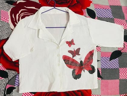 Kajal Creation Butterfly Graphic Printed Crop Shirt for Women | White | Size M Kajal Creation Butterfly Graphic Printed Crop Shirt for Women | White | Size M