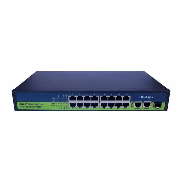 Ai Poe (16Fe+2Ge+1Sfp) Over Ethernet Switch 2 Port Uplink Giga, 802.3Af/At Poe+100Mbps, 400W Built-In Power, Extend To 250Meter, Unmanaged Metal Plug And Play
