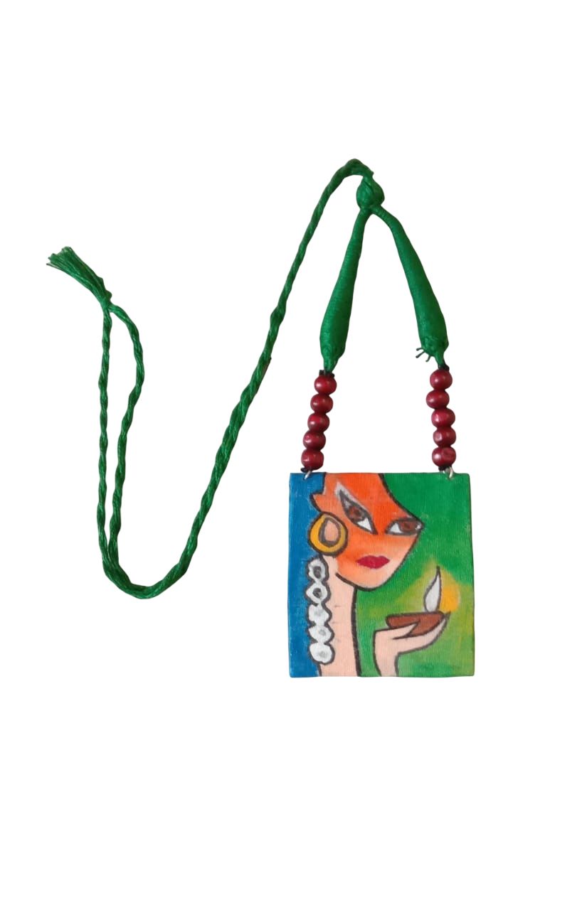 Hand-Painted Eco-Friendly Tribal Jewelry Set - Vibrant Necklace & Earrings with Green Braided Cords and Red Beads, Lightweight Design for Everyday Wear, Perfect for Art and Bohemian Style Enthusiasts