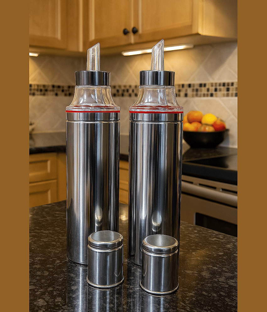 STEEPLE Oil Dispenser Steel Silver Oil Container ( Set of 2 )