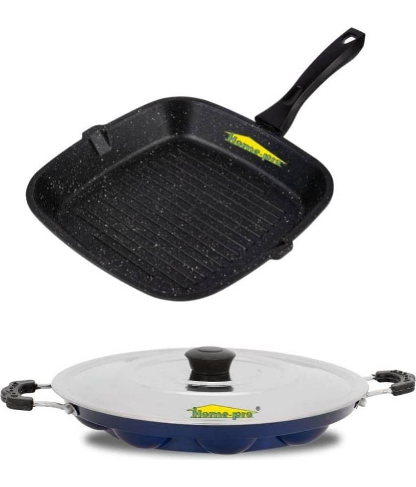 HomePro Non-Stick Set, Grill Pan 26 cm, Blue Appam Patra with Steel Lid 12 Cavity (Pack of 2)