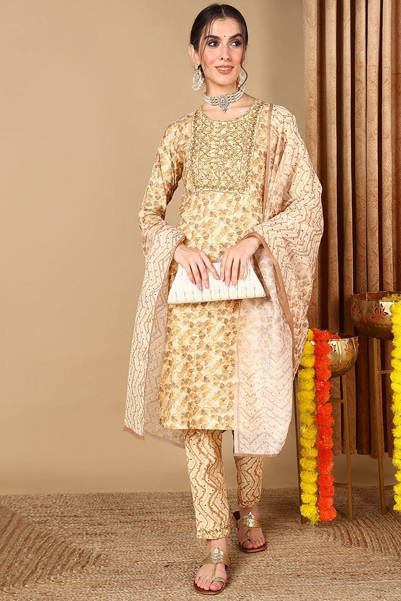 Beige Pure Cotton Geometric Printed Suit Set VKSKD2046