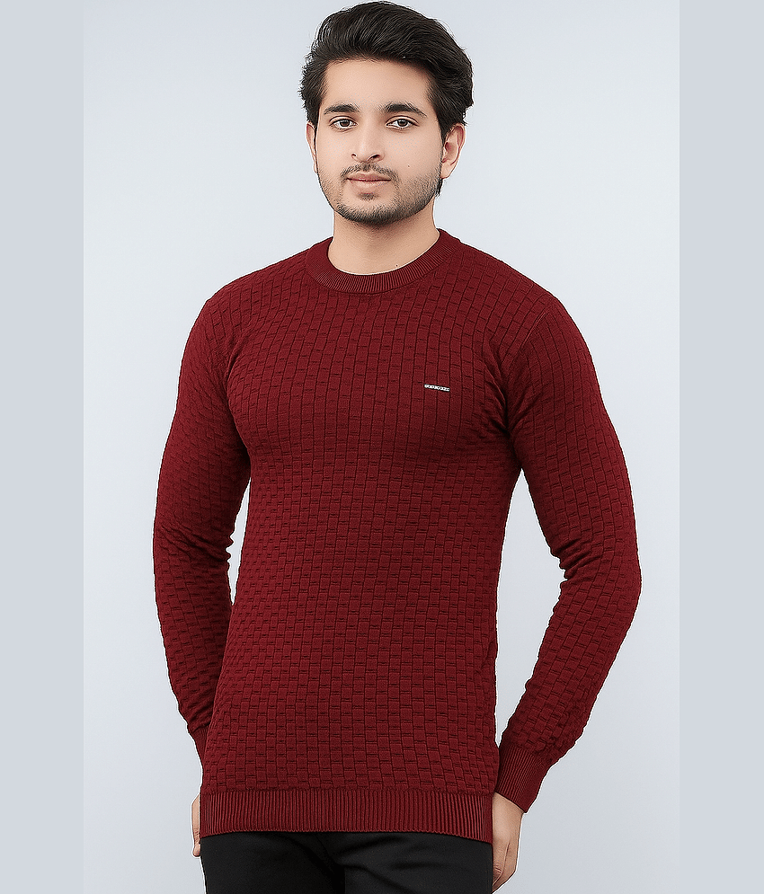 FEVERFEW Cotton Blend Round Neck Men's Full Sleeves Pullover Sweater - Maroon ( Pack of 1 )