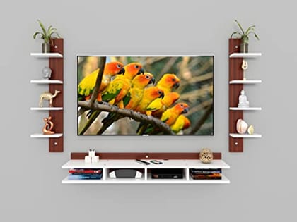 DAS Harald Engineered Wood Wall Mount TV & Entertainment Unit Stand with Wall Shelves Classic Walnut & Frosty White Finish- Ideal for Up to 55" Screen