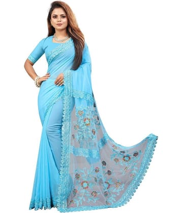 Apnisha Georgette Embroidered Saree With Unstitched Blouse Piece ( Blue )