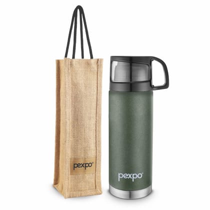 Pexpo 500ml Stainless Steel 24 Hours Hot and Cold Water Bottle with Drinking Cup Lid & Jute-Bag, Flask (Military Green, Fererro)