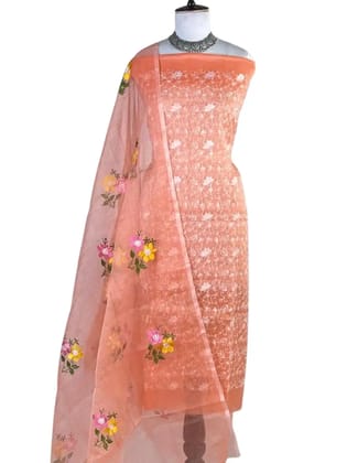 Kota Doria Dress Material Rust Orange Floral Jaal