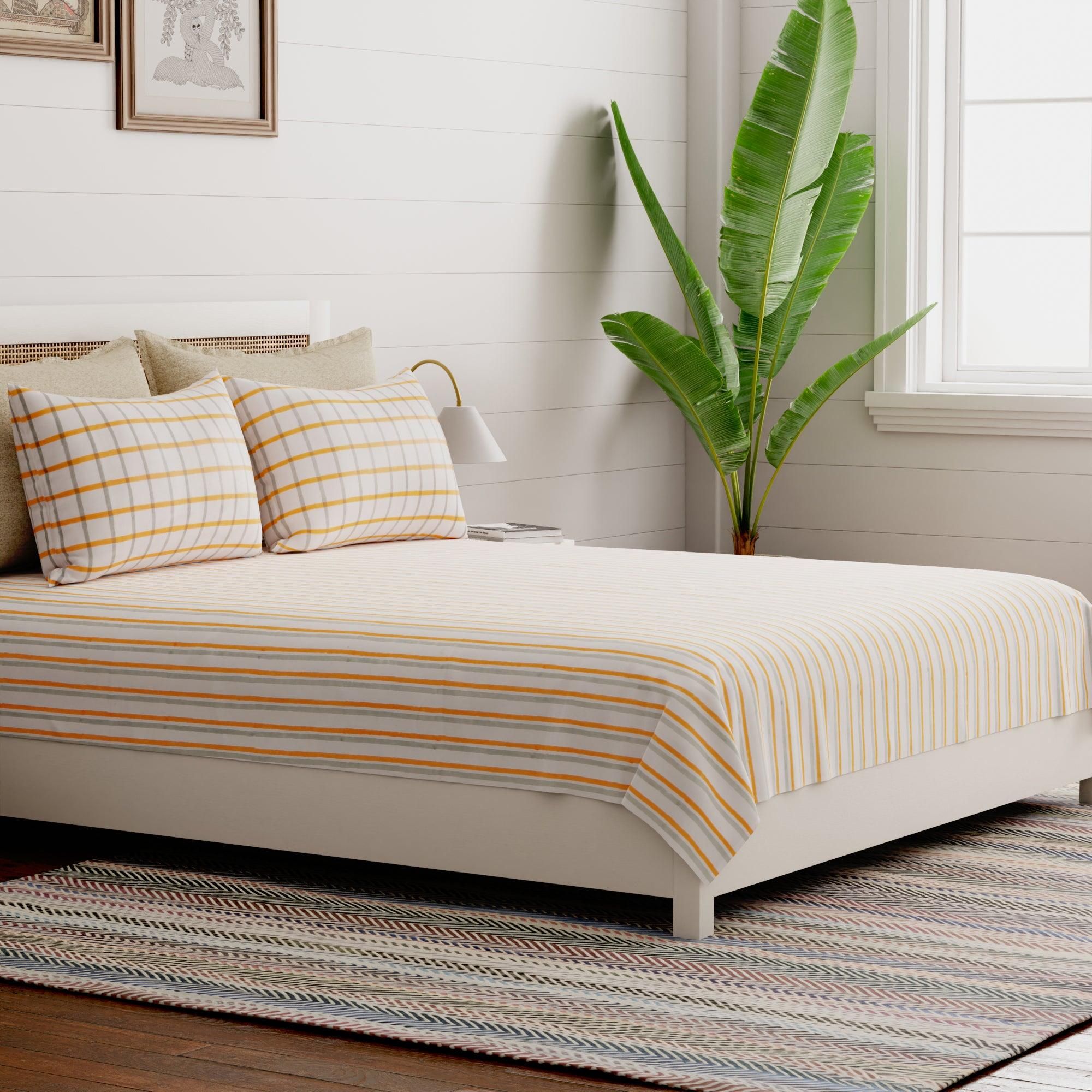 Hand Block Printed 2 Colour Striped Percale Bed Sheet with Pillow Covers-Grey/ Orange / Cotton Percale / 90x108 Inches