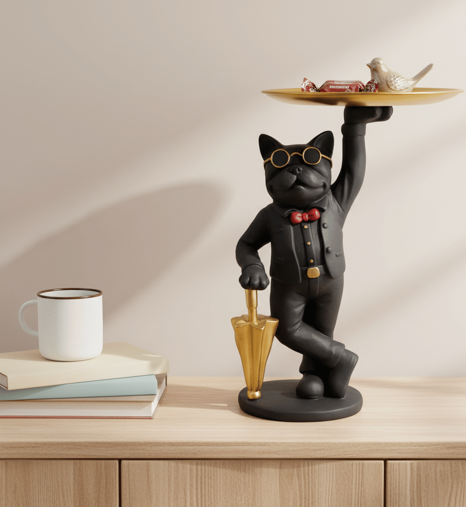 Butler Dog Statue – Bulldog Candy & Key Holder for Entryway or Table – Black, Gold & Red