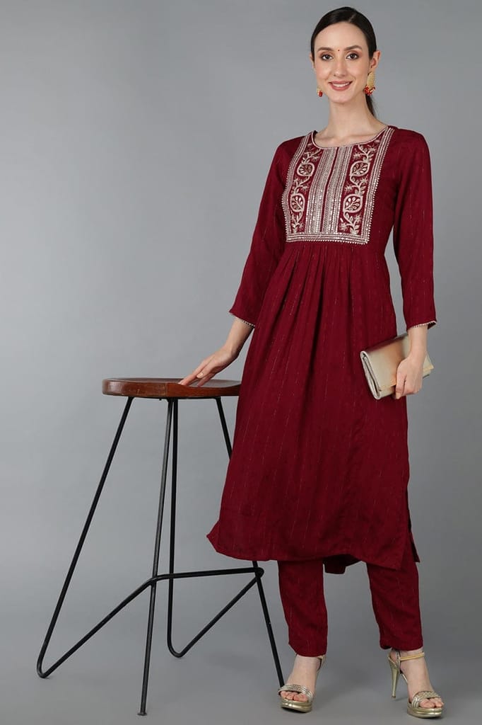 Stylish Women Maroon Silk Blend Yoke Design Solid Straight Kurta Set PKSET1176 2026 at ShopCircu