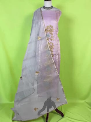 Handwoven Kota Doria Dress Material in Pastel Lilac with Hand Embroidery Handwoven Kota Doria Dress Material in Pastel Lilac with Hand Embroidery