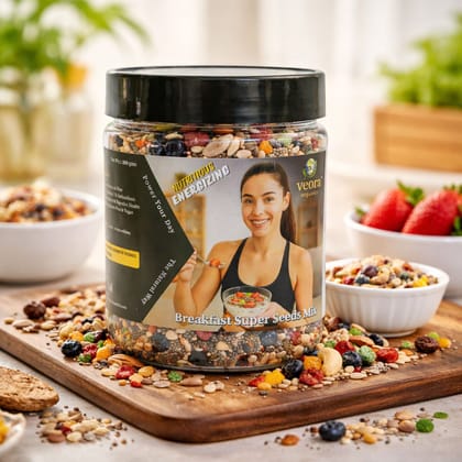 Veora Organics Super Breakfast Seeds Mix | Premium Nuts, Seeds & Dry Fruits Blend | Chia, Flax, Pumpkin, Sunflower Seeds with Almonds, Walnuts & Raisins | High Protein Fiber Superfood | Healthy Breakfast Mix | 300g