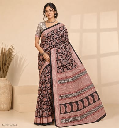 Handcrafted Bagh Print Cotton Saree