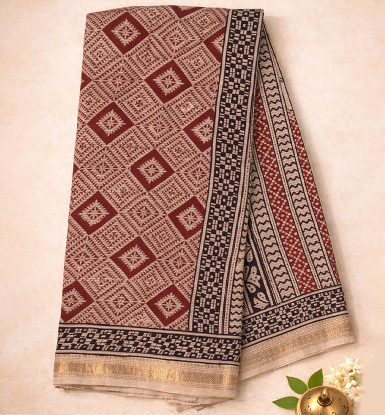 Bagh Print Maheshwari Cotton-Silk Saree – Hand Block Printed