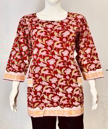 Red pink handblock printed cotton top